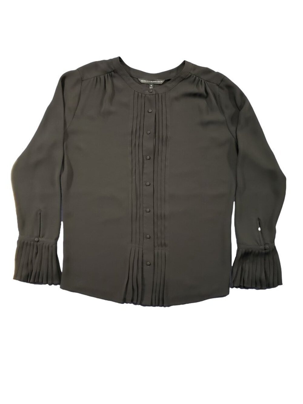 WHBM Black Pleated Blouse Size 12 Button Front Elegant Top